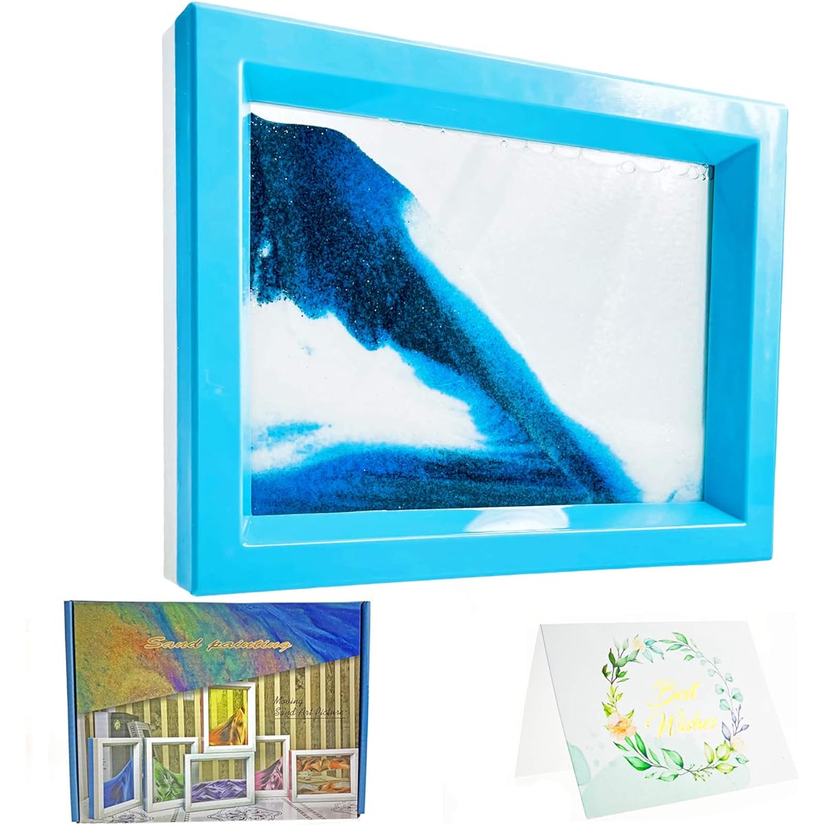 Dynamic Sand Art Picture Ocean Heart, Moving Sand Painting Art for Autism, Desktop Art Decor Toys, Sand Sculpture in Motion Office Relaxing Toys Keep Calm! (7.3 x 5.7 Inch - Blue)