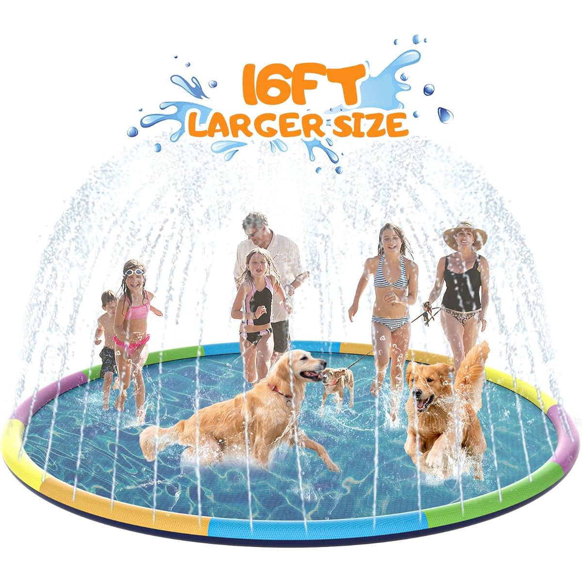 Toffos 16ft Large Splash Pad for Toddlers and Dogs, Large Non-Slip Water Sprinkler Pool for Kids, Thick Outdoor Fountain Play Splash Mat, Summer Outdoor Backyard Water Toys for Boys and Girls