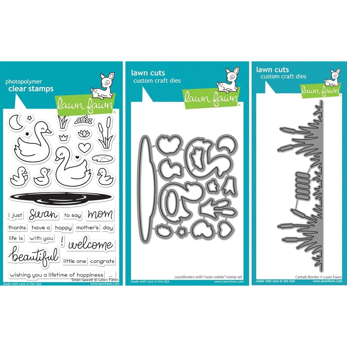 Lawn Fawn Swan Soiree Clear Stamp & Dies + Lawn Kitten Tail Border Dies - Set of 3