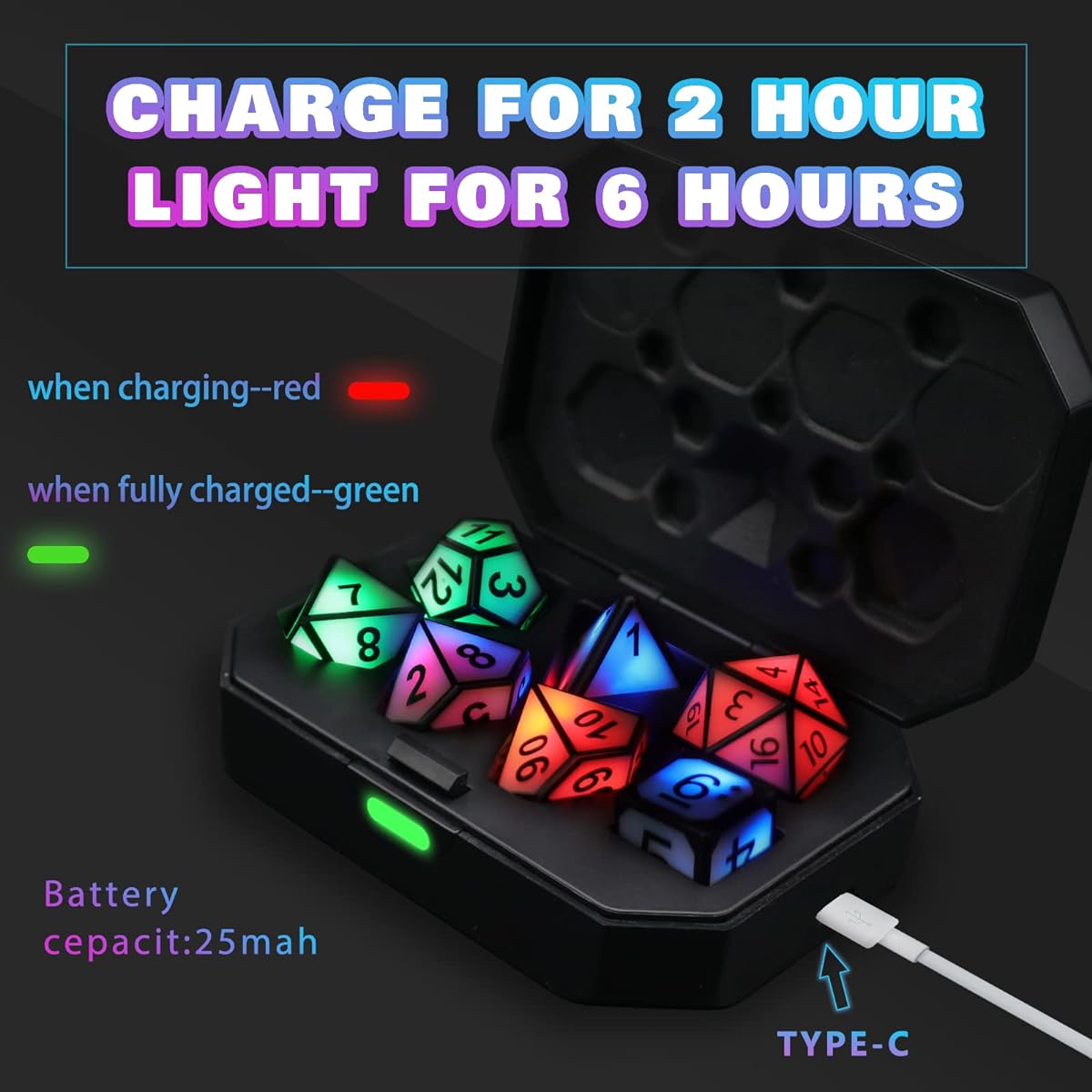 7pcs Illuminated DND Dice LED Electronic Dice with Charging Box Dungeons & Dragons Dice Polyhedral Dice Set Tabletop Games HNCCESG D&D Dice MTG Pathfinder Role Playing Game (LED Dies)