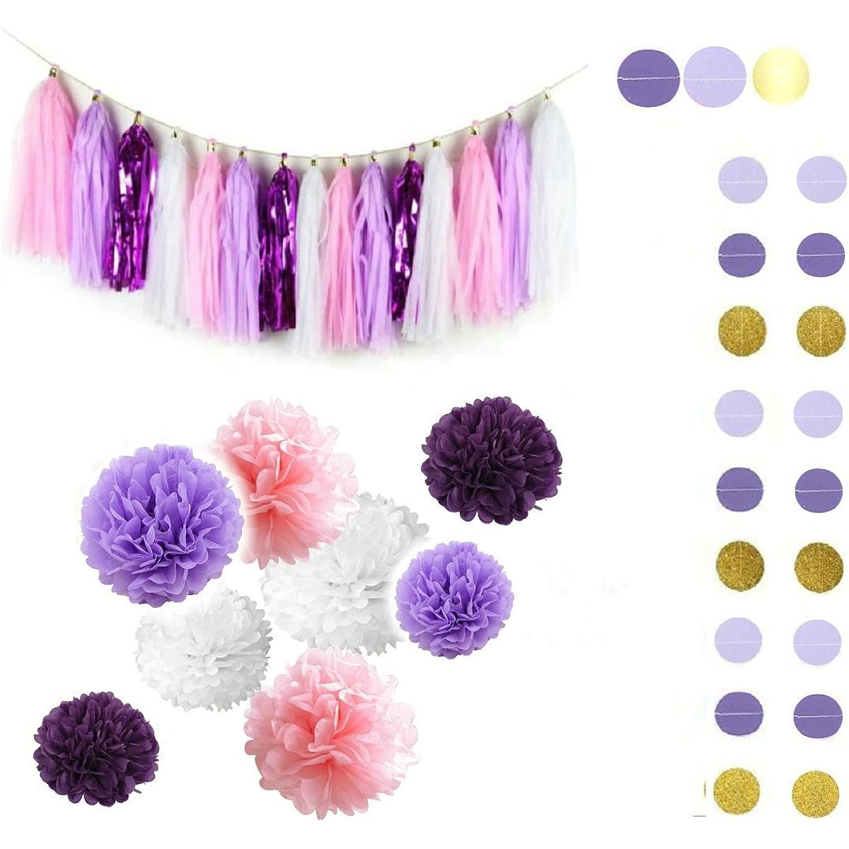 Fascola 30pcs Purple Lavender Baby Pink White Baby Shower Tissue Paper Pom Poms Paper Tassels Garland First Birthday Decorations Purple Bridal Shower Decorations Snow and Ocean Themed Party Decorations