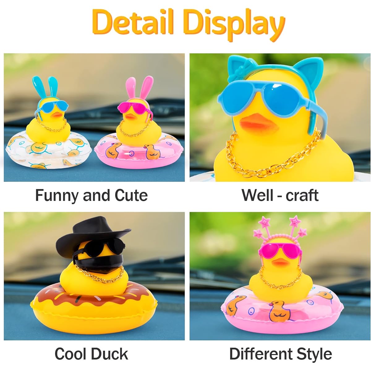 wonuu Car Duck Rubber Duck Car Ornament Duck Car Dashboard Decoration Cute Headband Swim Ring Necklace Sunglasses