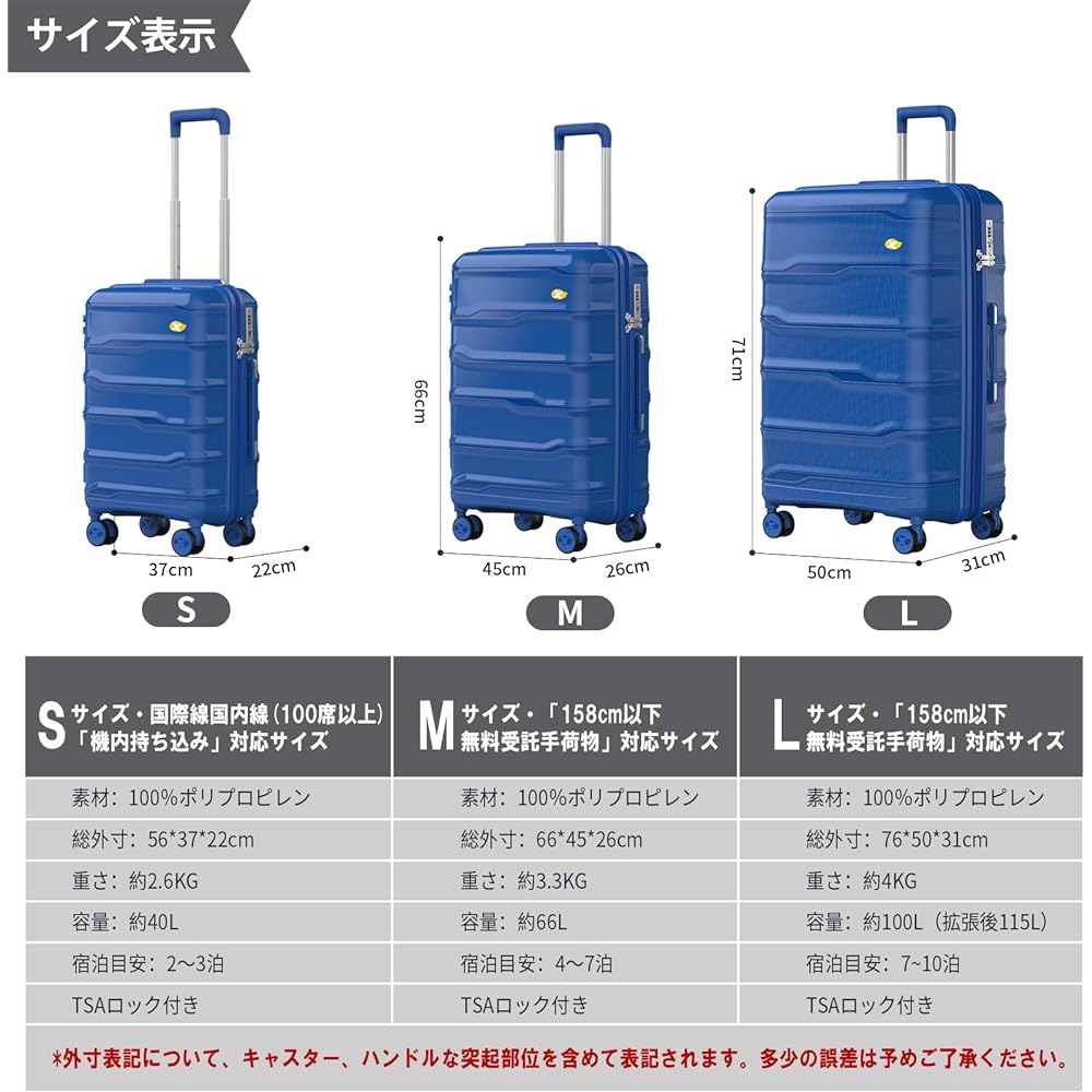 [MGOB] Suitcase Free Consignment 6 Nights 7 Days Large Capacity Carry Case 66L Ultra Light 3.3KG Polypropylene Multi-Stage Carry Bar Double Wheels Stable Quiet TSA Lock Included Overseas Travel Family Travel Stylish M Size Blue M17