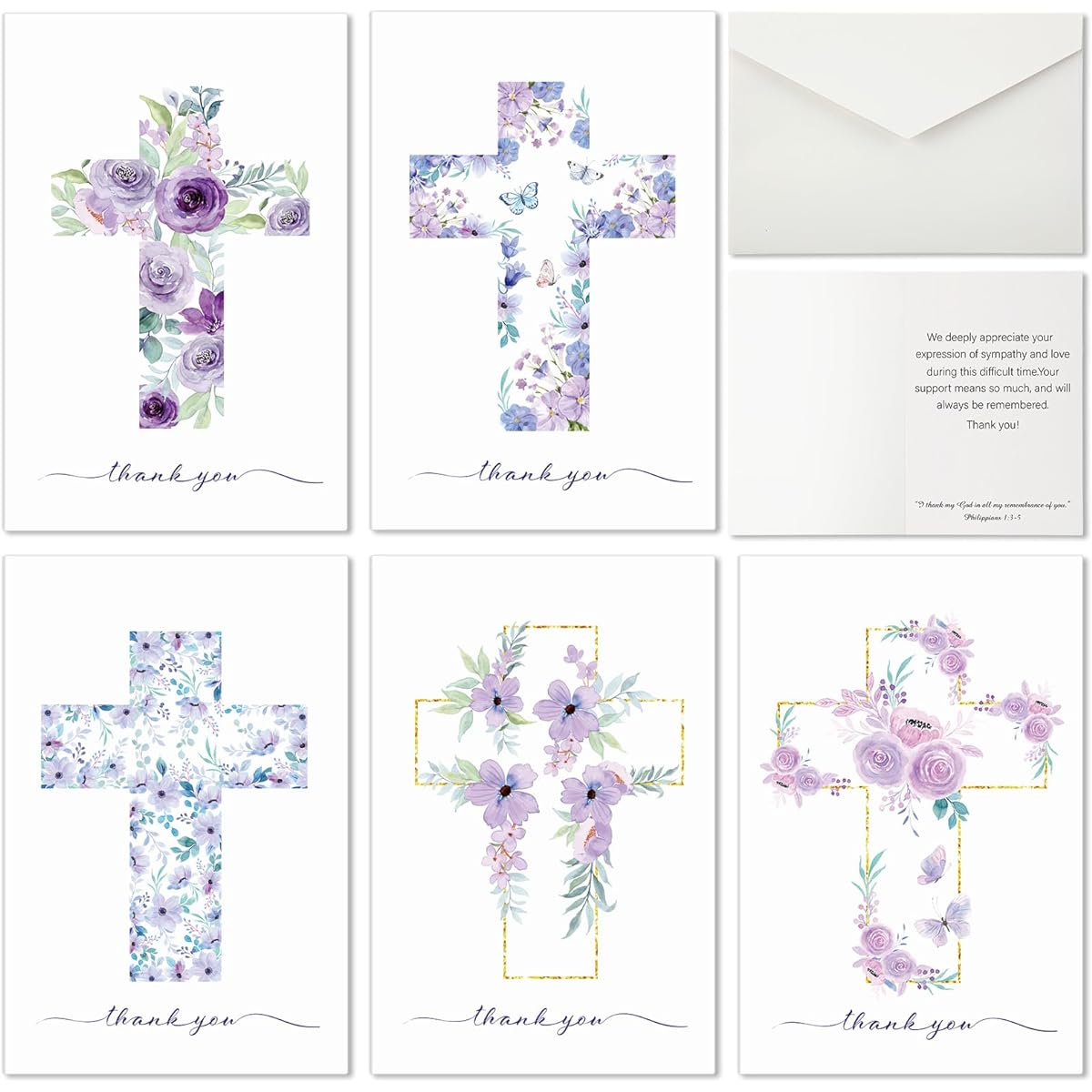 Geyoga 50pcs Funeral Thank You Cards Floral Greenery Cross Bereavement Cards with Envelopes Sympathy Memorial Cards with Envelopes for Funeral Family Friends Loved Ones Celebration of Life