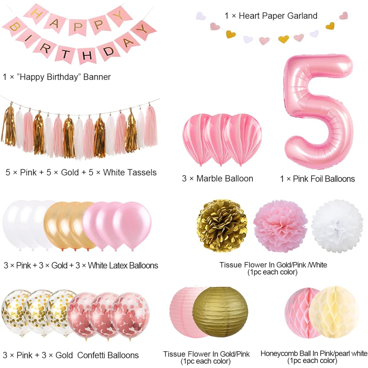 5th Birthday Girl Decorations 5th Birthday Decorations with Happy Birthday Banner Number 5 Balloons Pink and Gold Party Supplies Decorations 5th Birthday