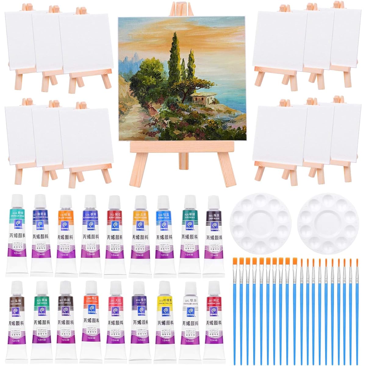 Paxcoo 60 Piece Mini Canvas Paintings Set, Mini Canvas Paintings Set 4 x 4 Inch Small Painting Canvas Mini Easel Acrylic Paint Paint Brush Paint and Puffy Art Party Supplies