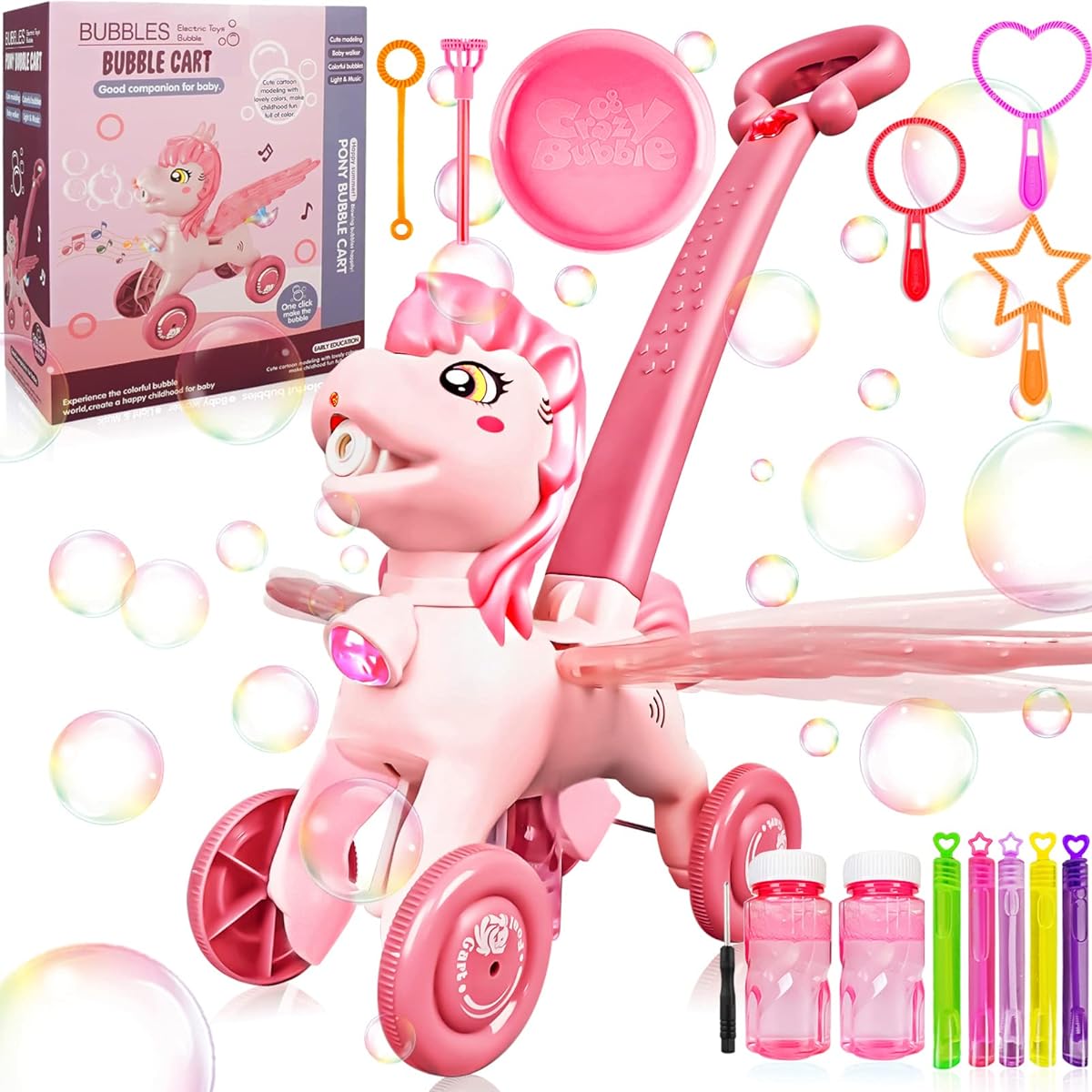 IGINOA Bubble Machine Blower Blaster Lawn Mower Maker Pink Toy Portable Handheld Automatic Electric Outdoor Summer Christmas Birthday Best Gift with Light for Girls Kids Toddlers 1 2 3 Years Old Unicorn