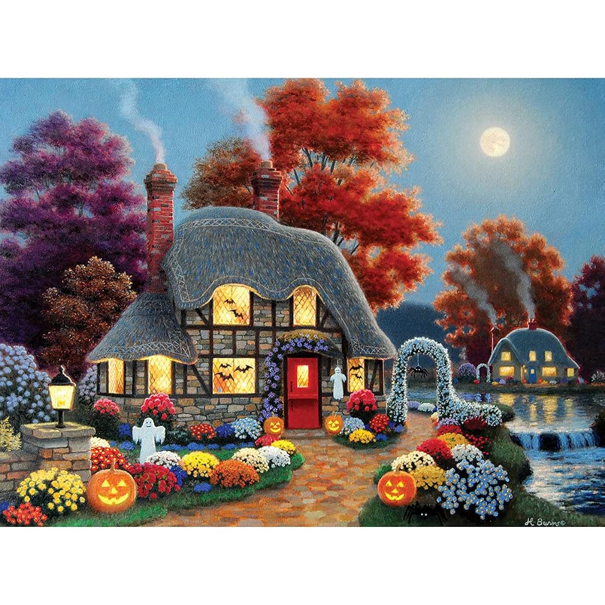 Bits and Pieces Jigsaw Puzzle 300 Pieces for Adults 18" x 24" Halloween Cottage 300 Piece Autumn Fall House with Bats, Pumpkins, Garden, Moon, Night Jigsaw Puzzle by Artist Heather Burns