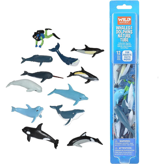 (Whale and Dolphins) - Wild Republic Whales and Dolphins Tube, Bottlenose, Spotted, White-sided Dolphins, Narwhal, Orca, Beluga, Humpback, Grey, Sperm Whales and Diver