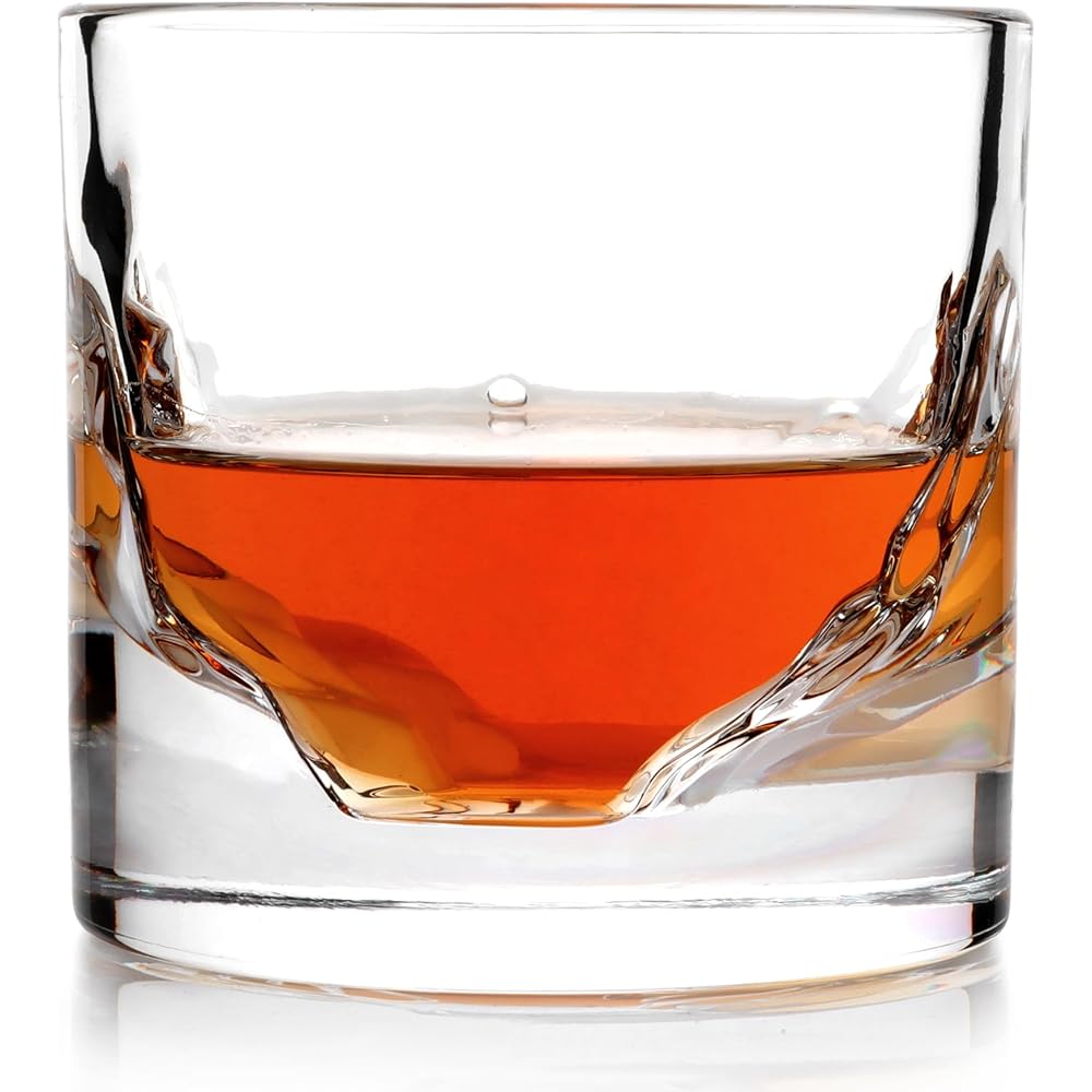 Set of 4 Whiskey Glasses: Heavy whiskey tumbler. Perfect for old glasses and scotch, bourbon, and bar drinks. Gorgeous mountain design. Barware accessories with thick and heavy bottoms.