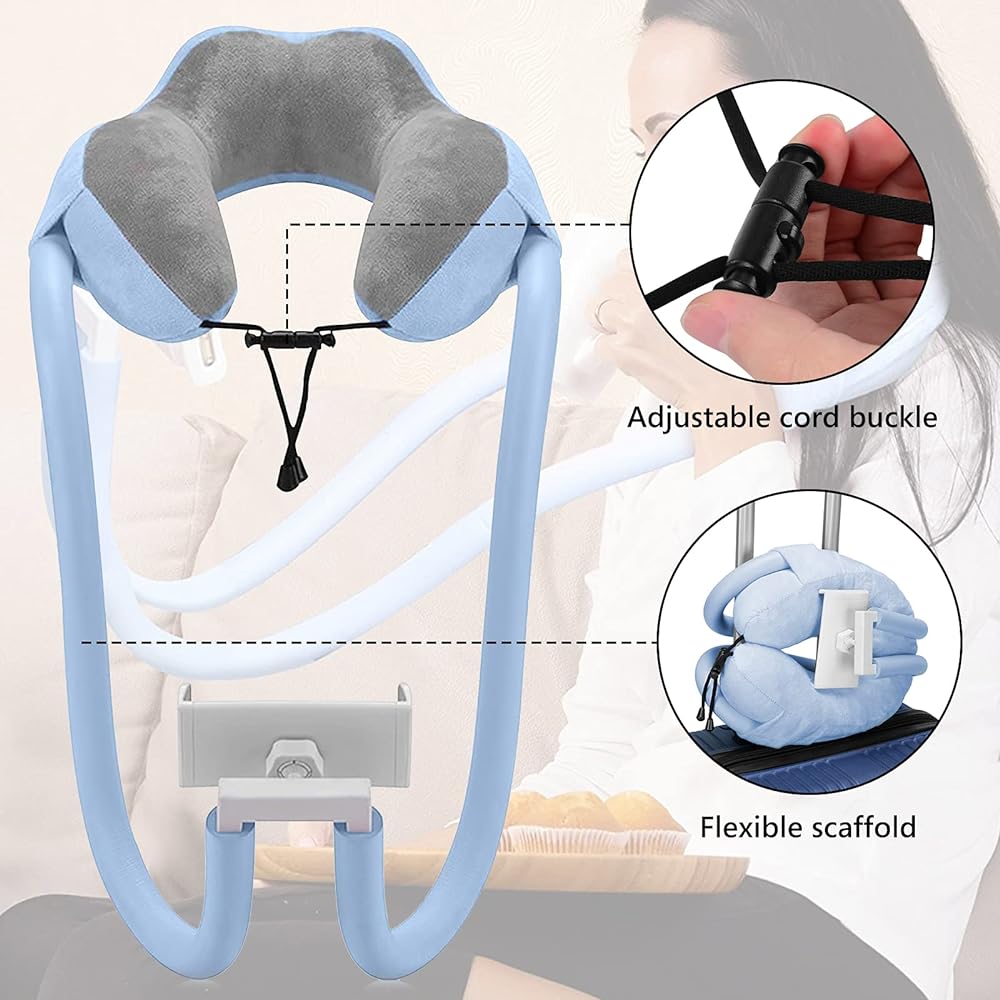 Linkidea Neck Pillow Cell Phone Holder for Bed 2 in 1 Adjustable Gooseneck Cell Phone Stand with 360 Clip Flexible Tablet Arm Pillow for Neck Compatible with 4"-10" Smartphone Size (Blue)