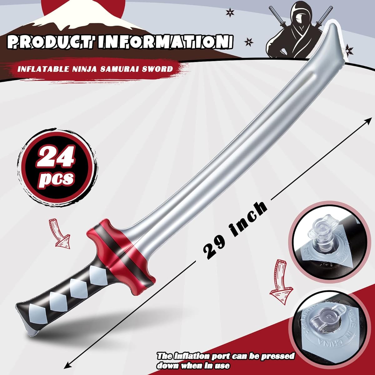 Inflatable Ninja Samurai Sword Inflatable Ninja Sword Inflated Sword Sword Toy Explosive Samurai Sword Toy Costume Accessories Girls Boys Birthday Ninja Theme Party (Black & Red 24 Pieces)