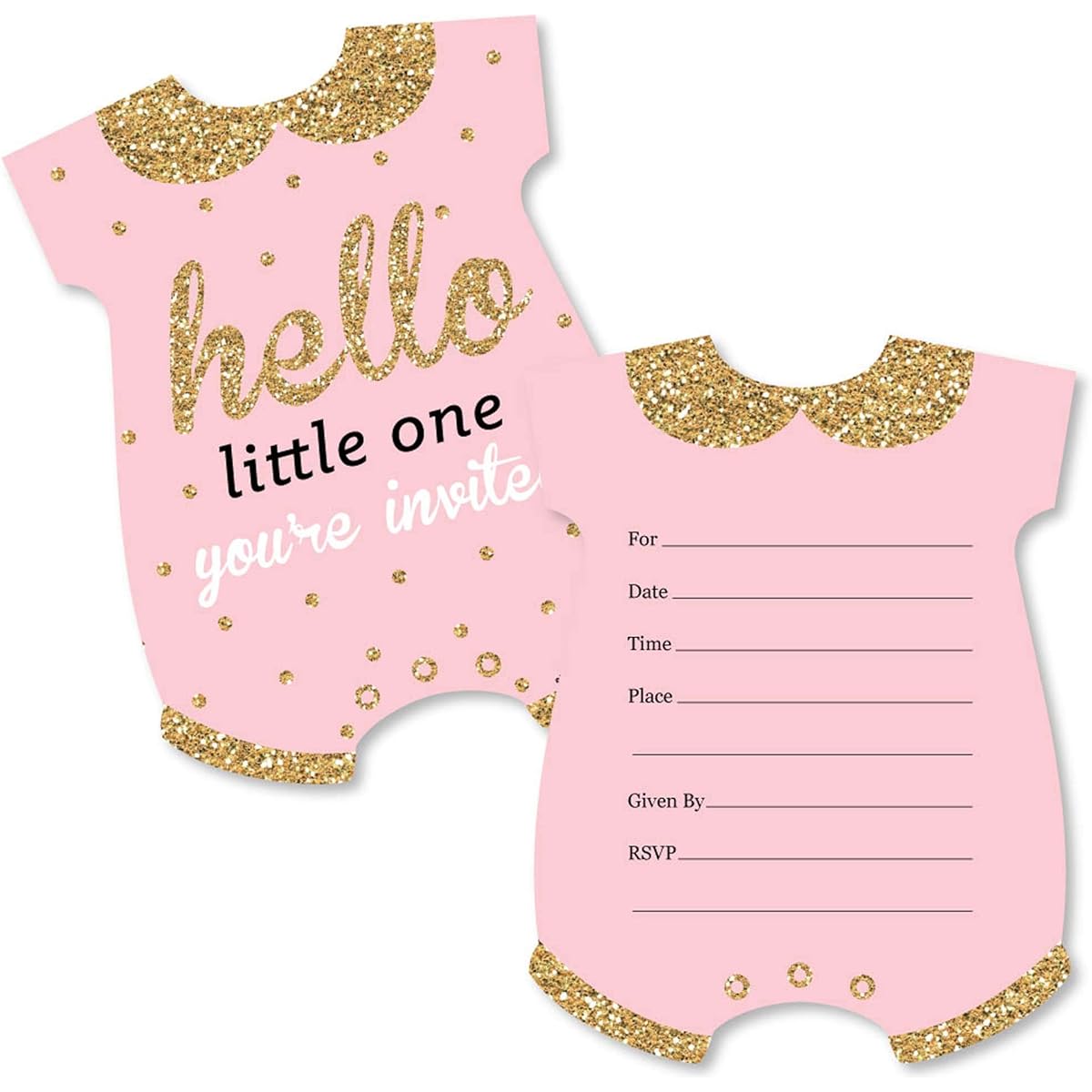 Hello Little One - Pink and Gold - Fill in the Shape Invitations - Girl Baby Shower Invitation Cards with Envelopes - Set of 12