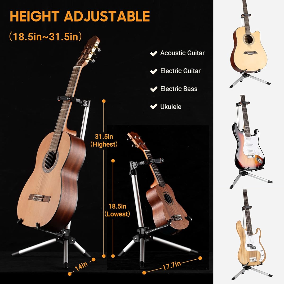 CAHAYA Guitar Stand Floor for Acoustic Electric Guitars and Bass Adjustable Height Folding Guitar Stand Lightweight Travel Instrument Holder