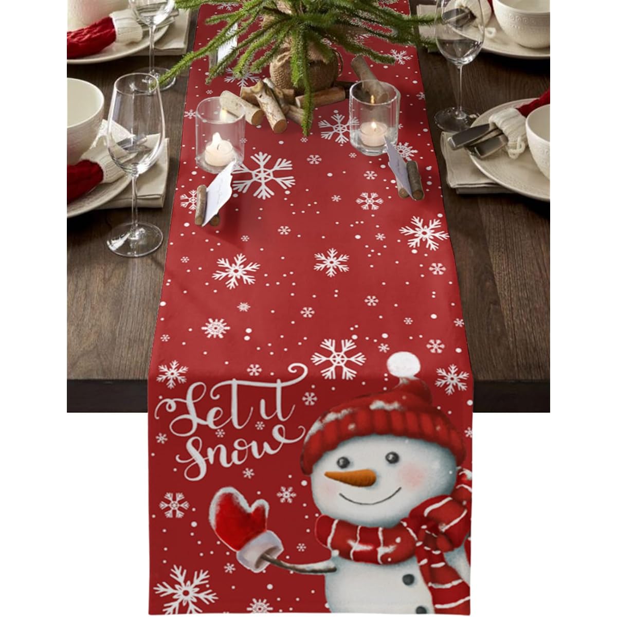 Ldtrchee Red Christmas Snowman Table Runner - Cotton Linen 120" Long White Snowflake Christmas Table Runner Dress Scarf Snow Merry Christmas Table Runner for Dining/Coffee/Baby Shower/Party