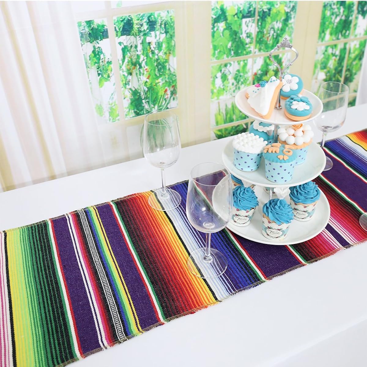 TRLYC Table Runner 12"x108" Mexican Serape Colorful Striped Wedding Party 12x108 Dk 14X84 Mexican Runner 20PCS