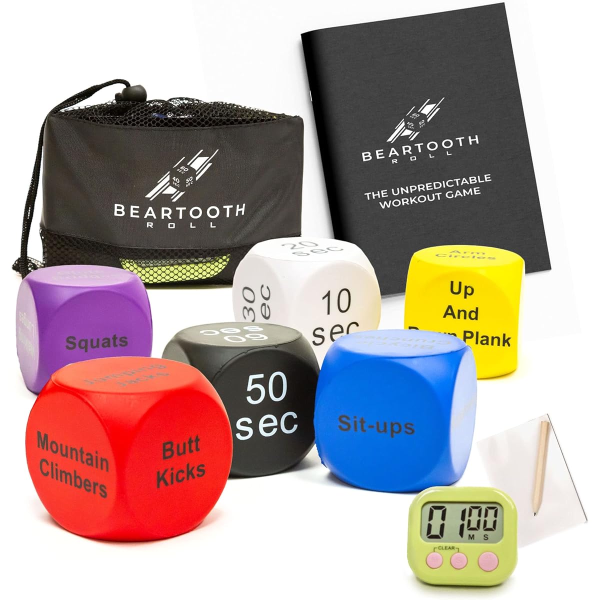 Exercise Dice (6 Pack) - Beartooth Roll Unpredictable Workout Game - 6 Sided Fitness Dice for Gym Strength & Cardio - Yoga Dice with Game Manual, Timer, Scorebook and Mesh Bag - Exercise Equipment