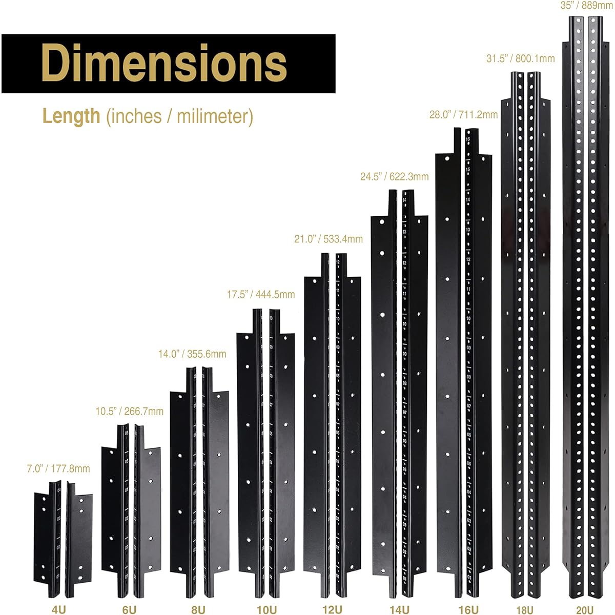 Sound Town 2 Pack 20U Steel Rack Rails with Black Powder Coated Finish and Screws (ST-RR-20U)