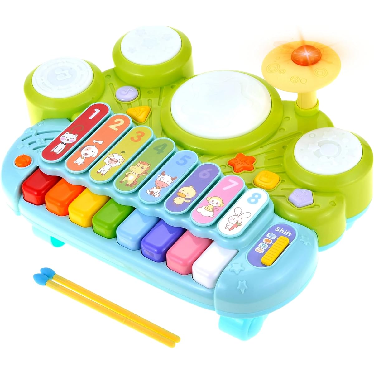PowerTRC 3-in-1 Musical Instrument Toy for Babies & Toddlers | Electronic Piano Keyboard with Xylophone and Drum Set | Light and Sound Learning Toy
