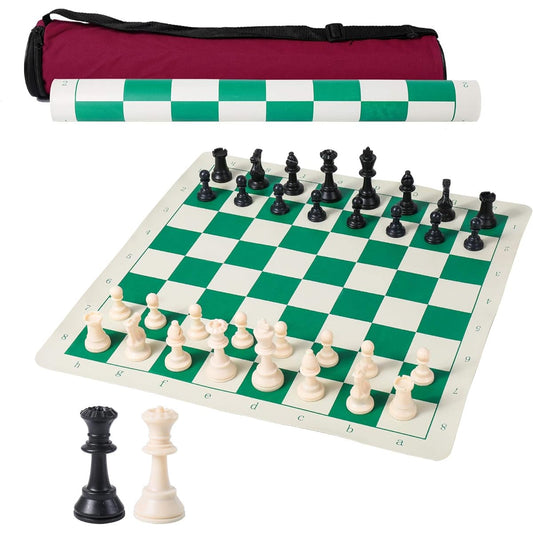 Tournament Travel Chess Set Roll Up Chess Board with Carry Tube and Shoulder Strap Portable Beginner Chess Set Green 20 x 20 Inches