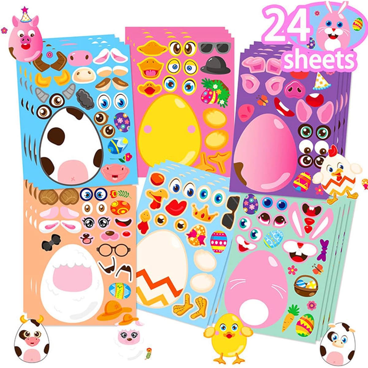Easter Face Stickers, Make Your Own Stickers, Easter Designs for Kids, 6 Animals, Little Angel Stickers for Boys and Girls, Easter Activities, Party Favors Supplies