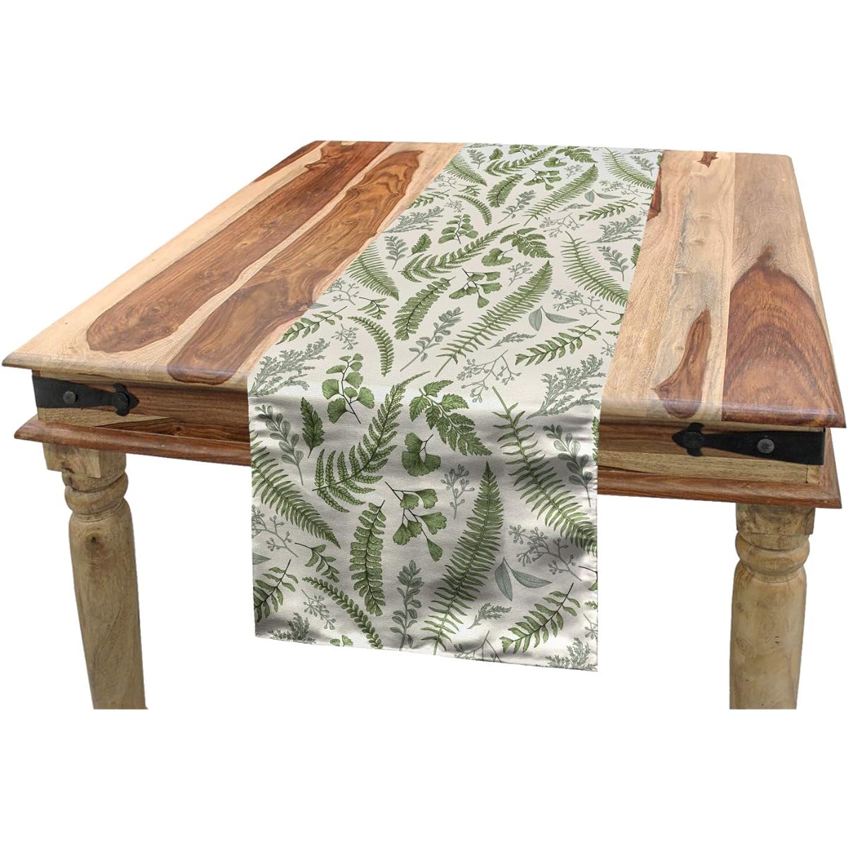 Lunarable Vintage Table Runner, Boxseed Eucalyptus Fern Maiden, Dining Room Kitchen Rectangular Runner, 16" x 72", Reseda Green