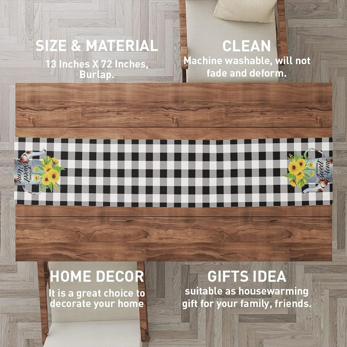 Farmhouse Sunflower Table Runner Decorative Buffalo Check Plaid Table Runner Decorative Dining Room Kitchen Decor Party Holiday Housewarming Gifts for Women Couples New Home 13x72 Inch