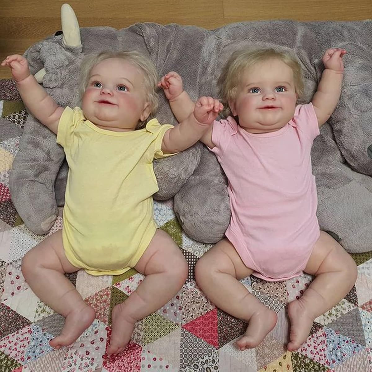 Blonde Reborn Baby Doll Twins Girls Cute Smiling Face Reborn Toddler Doll Soft Cuddle Body Collection Doll Kids Birthday Christmas Gift Toy,Yellow-60cm(24inch)