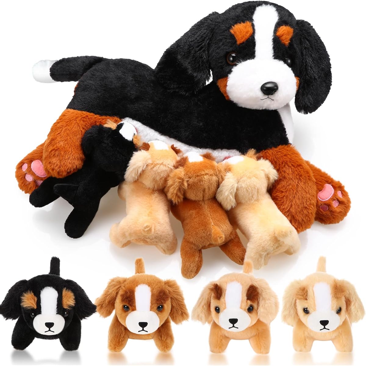 HyDren Nurturing Bernese Mountain Dog Plush Toy Set 15" Nursing Mommy Dog Stuffed Animals 4 Magnetic Baby Puppies for Kids Birthday Graduation Children's Day Gift Pet Party Favors