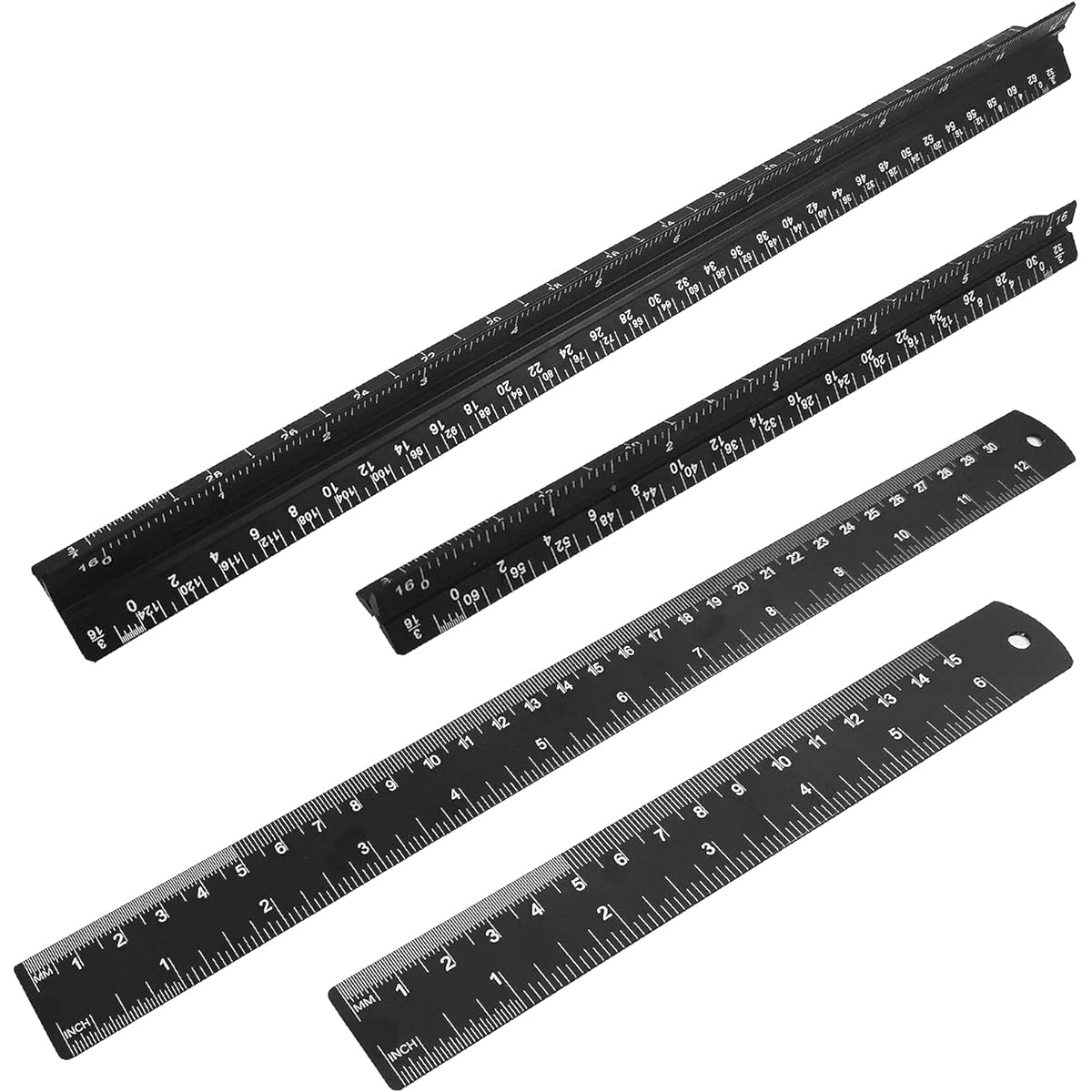 SourceTon 4 Pieces Triangle Architectural Scale Ruler and Straight Ruler, Engineering Drafting Ruler Set with Standard Metal Ruler, 6" and 12"