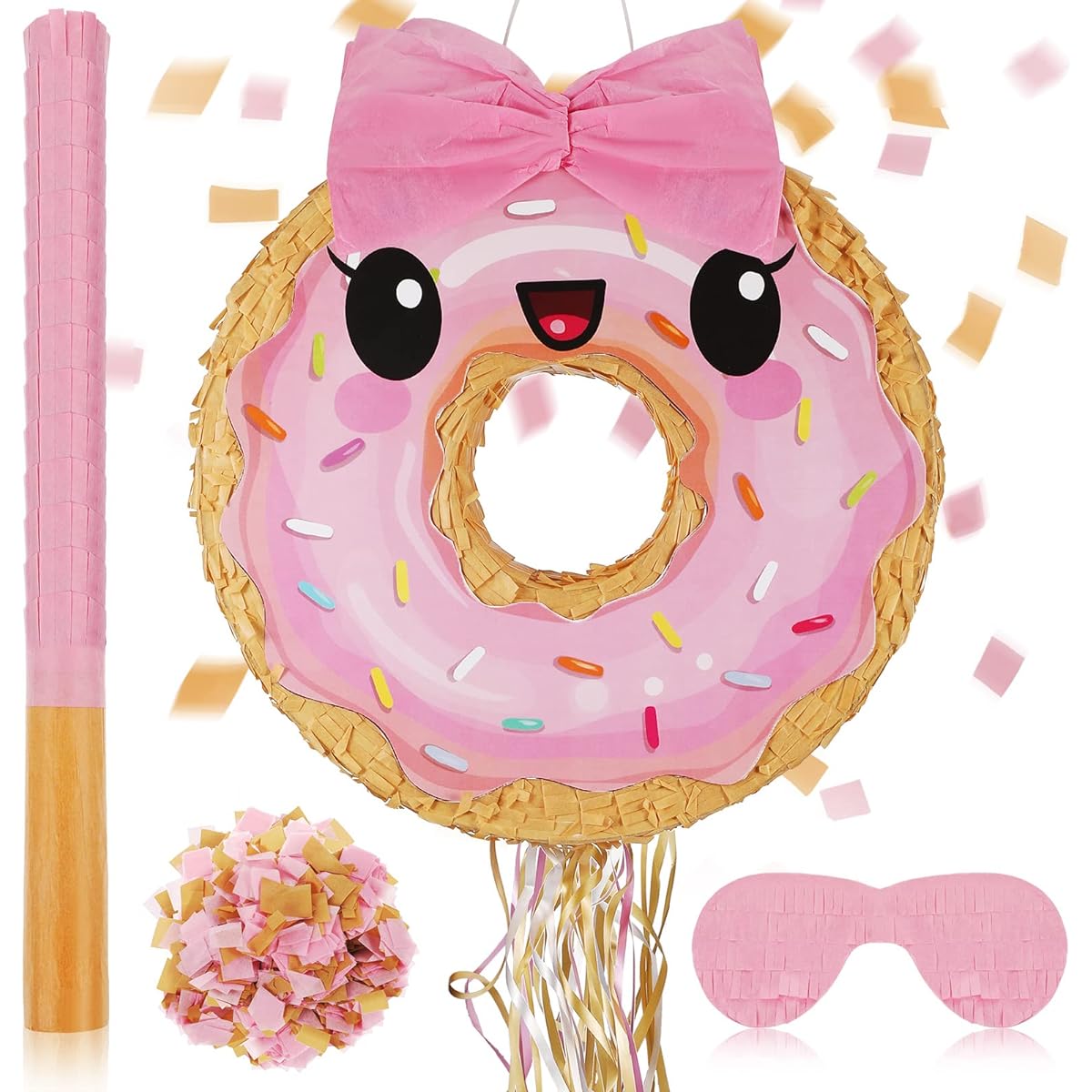 Pink and Khaki Donut Pinata with Pinata Sticks, Blindfold, Confetti and Bows, Pinata for Birthday, Anniversary, Donut Theme, Celebration, Donut Party Decorations, Fiesta Supplies, 15 x 13 Inch