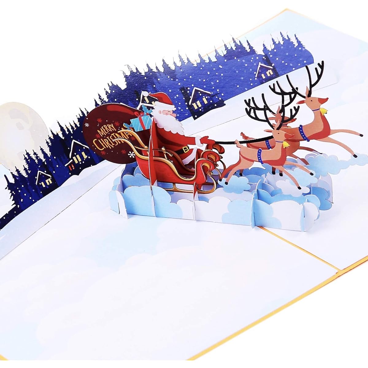 Liif Santa Sleigh & Reindeer 3D Pop Up Christmas Card Happy Christmas Card for Kids Holiday Card Christmas Card Gift with Insert Note & Envelope Large Size 8" x 6"