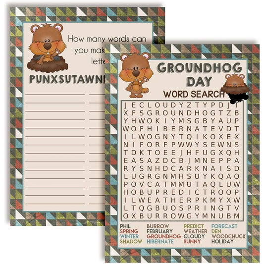 Amanda Creation Groundhog Day Themed Word Search & Word Scramble Fill-in Game Cards 5" x 7" 10 Game Cards Included