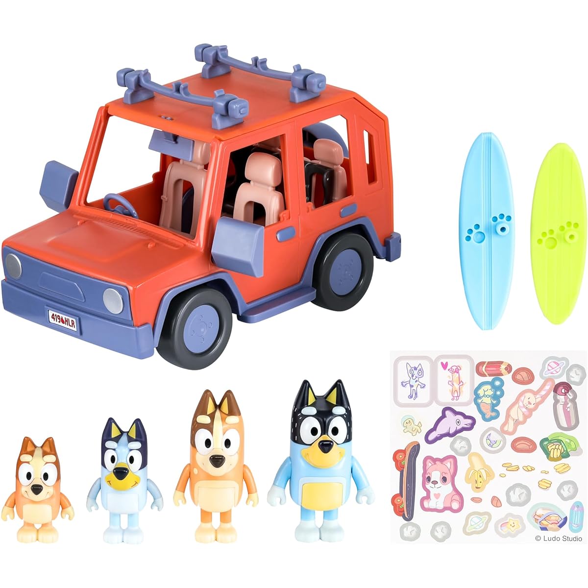 Bluey Heeler Family 4WD Vehicle and Figure 4-Pack 2.5-3 Inch Figures with Surfboard Accessories and 2 Stickers, 17637