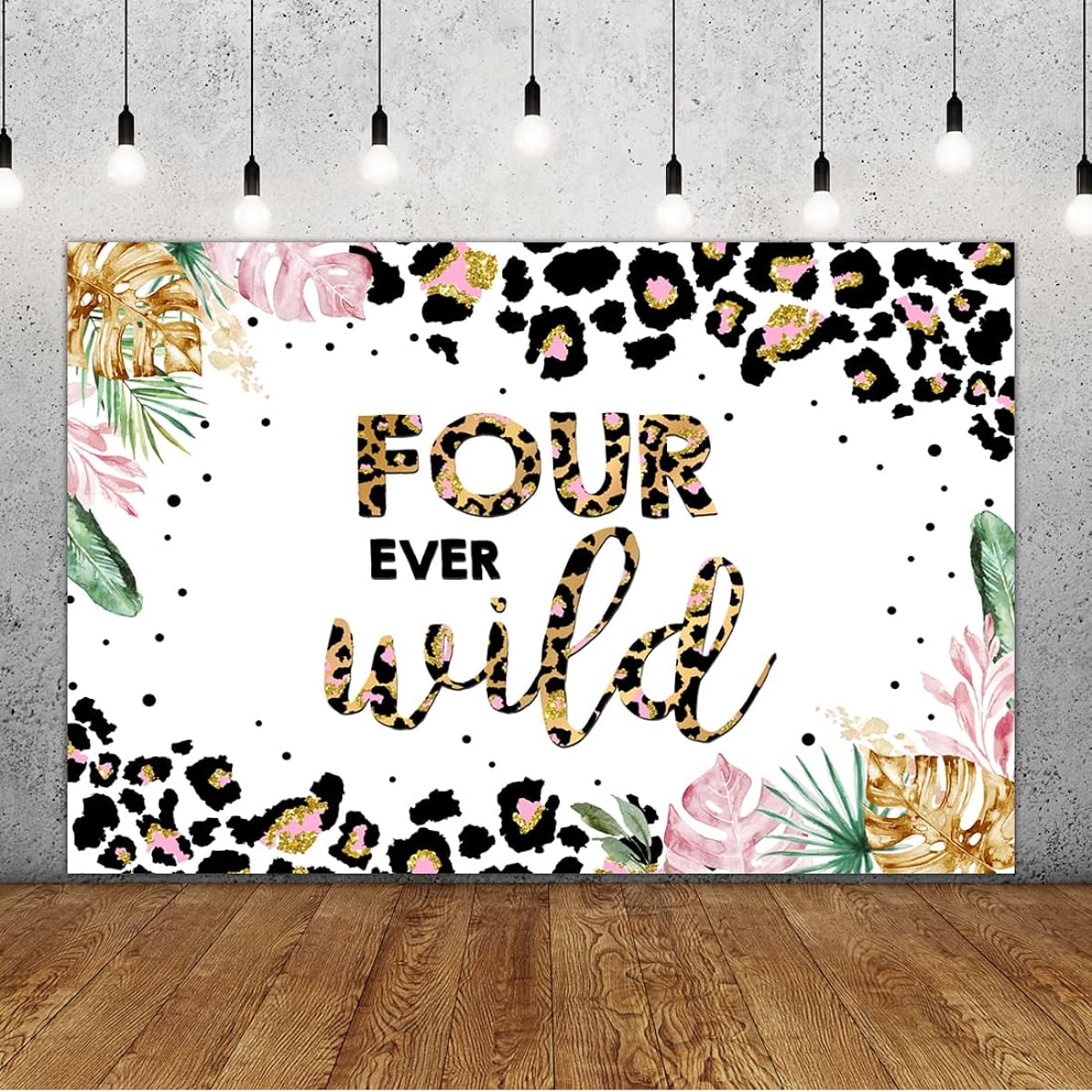Lofaris Four Ever Wild Birthday Backdrop, 4th Birthday Safari Jungle Leaf Photography Background for Children Kids Birthday Party Decorations Girls Cake Table Banner Photo Booth Props 5x3ft