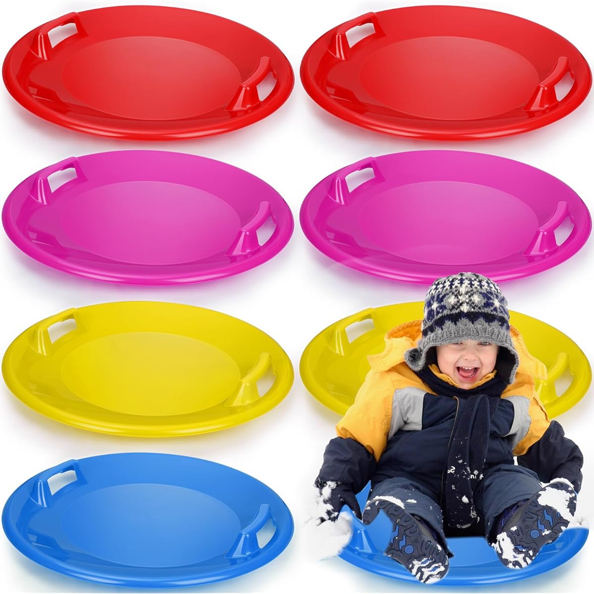 Leyndo 8pcs Heavy Duty Plastic Snow Sled Winter Saucer Discs Downhill Pro Round Saucer with Handles Snow Sled Outdoor for Kids and Adults