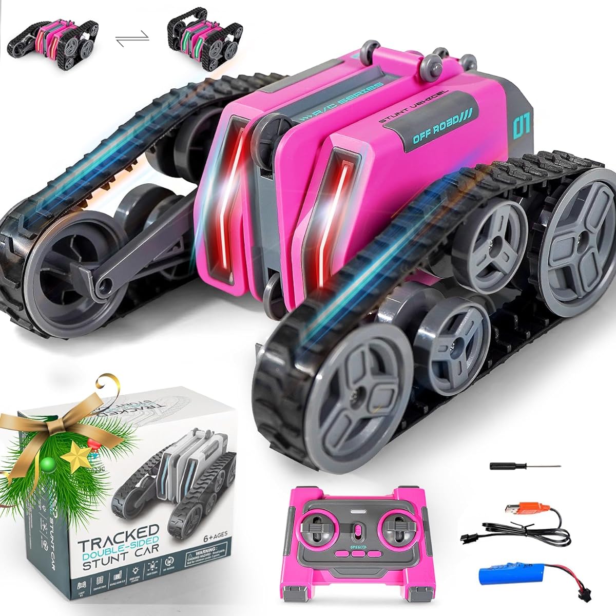 FUUY Transform RC Car 360 Degree Rotation Remote Control Car with Cool Lights Fancy Stunt Tracking Car Mini Crawler Toy Birthday Christmas Gift for Boys/Girls Age 6+ Pink