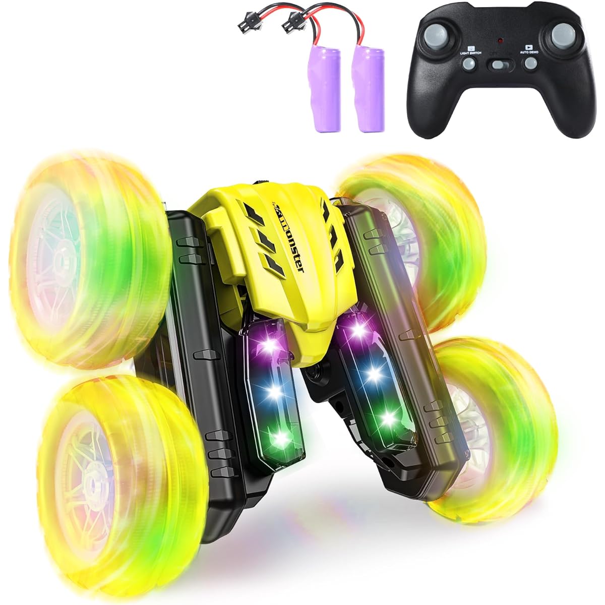 BOBUEXER Remote Control Car 360° Flip Rotation 4WD RC Car Wheel Light Gradient Effect Headlight Luminous Character Effect 2.4GHz Rechargeable RC Stunt Car Toy for Kids (Yellow)