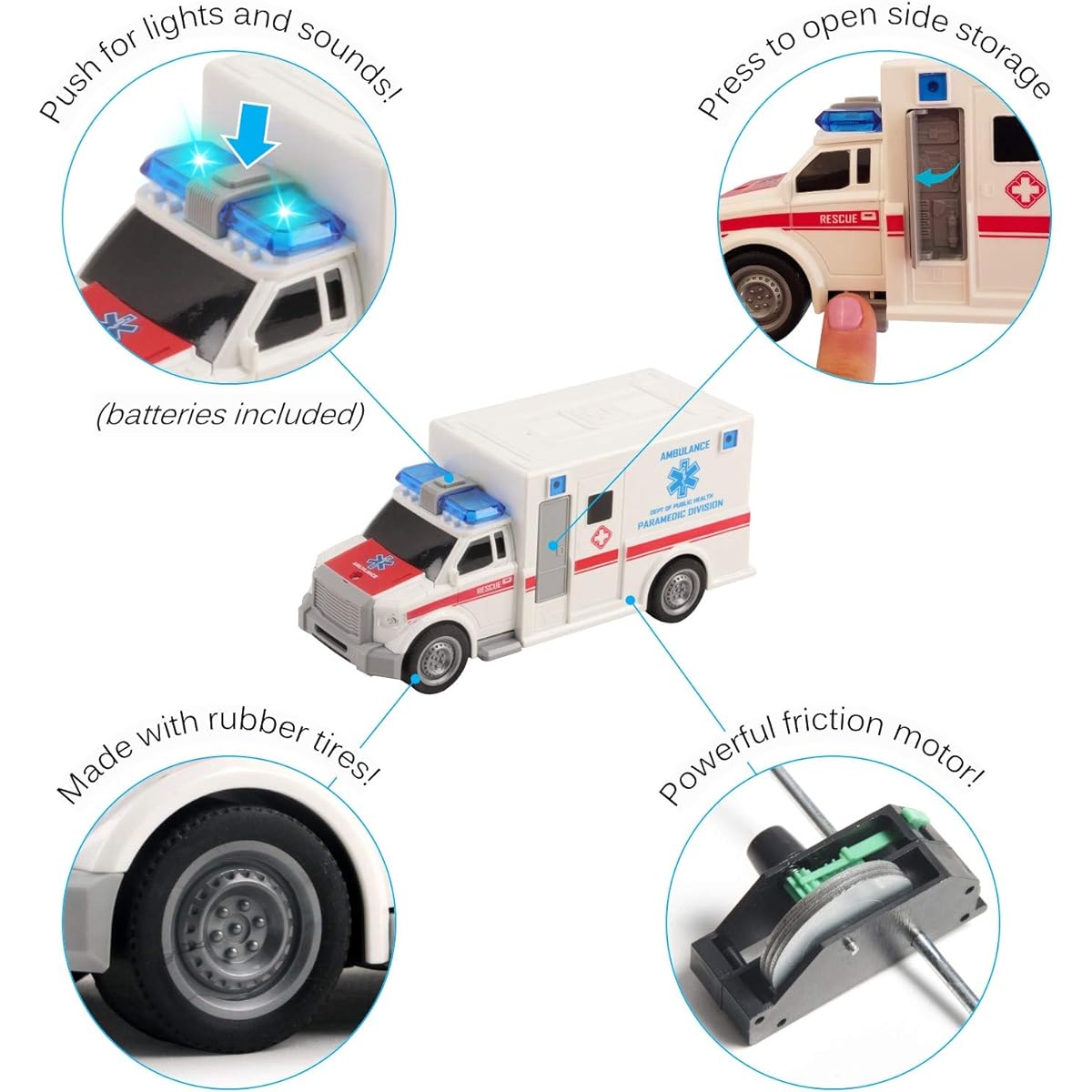 Vokodo Friction Powered Rescue Ambulance 1:20 Scale with Lights and Sounds Durable Kids Medical Emergency Vehicle Push & Go Pretend Play Van for Kids Boys Girls Gift