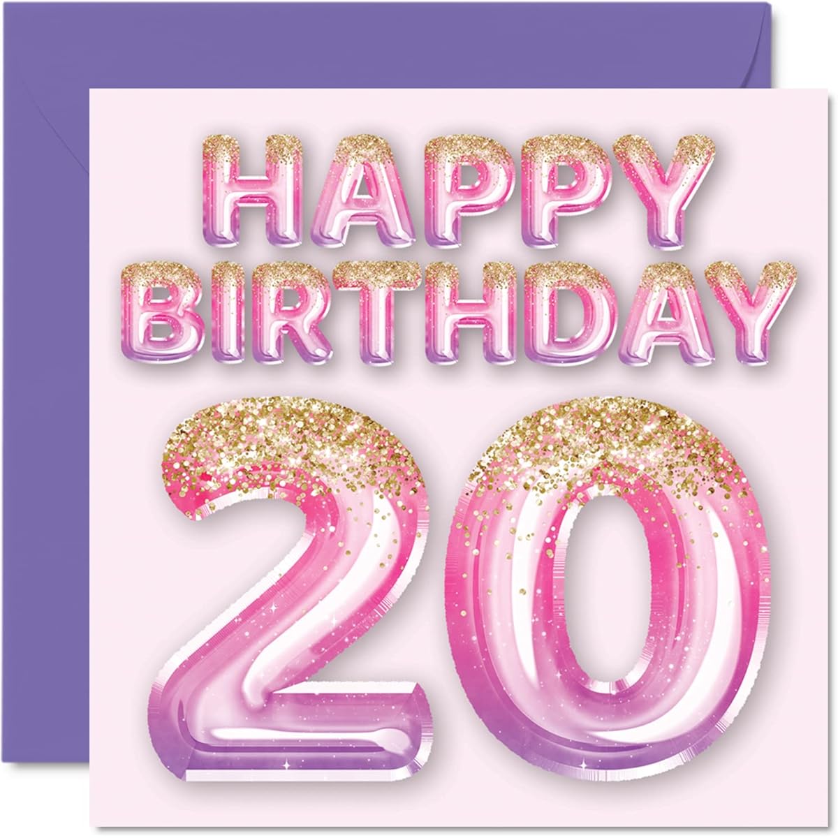 20th Birthday Card for Women Pink & Purple Glitter Balloon Happy Birthday Card for 20 Year Old Woman Daughter Sister Aunt Cousin 5.7 x 5.7 Inch 20th Birthday Greeting Card Gift