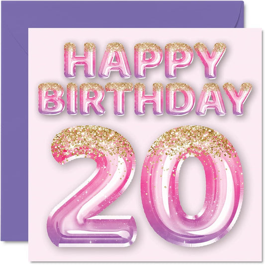 20th Birthday Card for Women Pink & Purple Glitter Balloon Happy Birthday Card for 20 Year Old Woman Daughter Sister Aunt Cousin 5.7 x 5.7 Inch 20th Birthday Greeting Card Gift