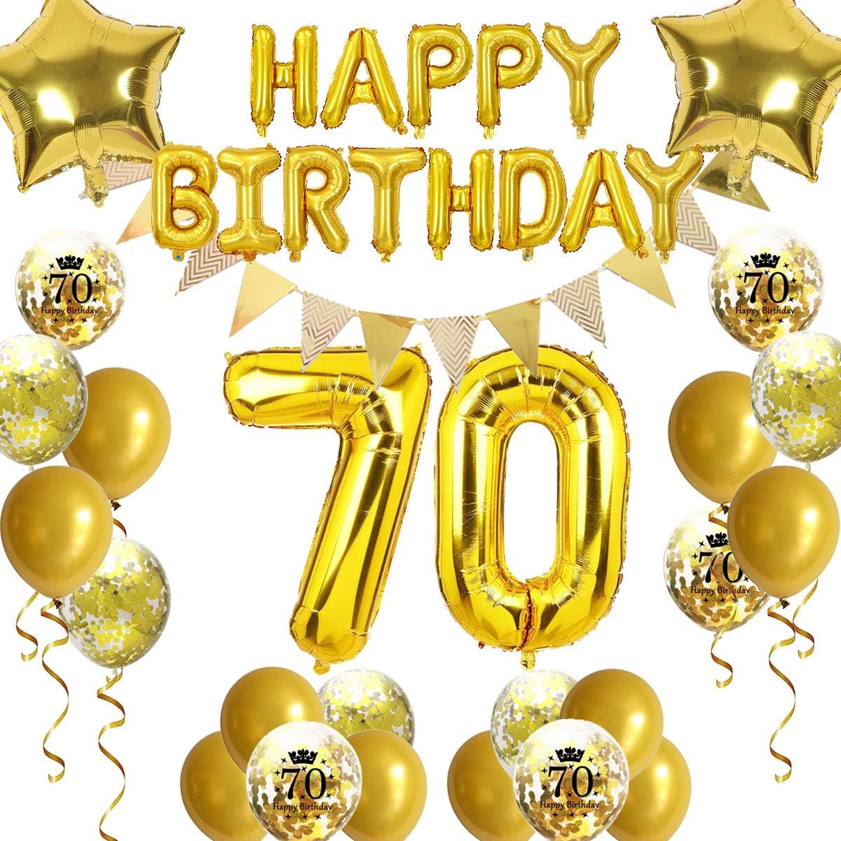 JumDaQ 70th Birthday Decorations Gold Women Men Happy Birthday Letter Balloons Pennant Banner 70 Birthday Balloons Star Foil Balloons Confetti Balloons for Mom Dad 70th Birthday