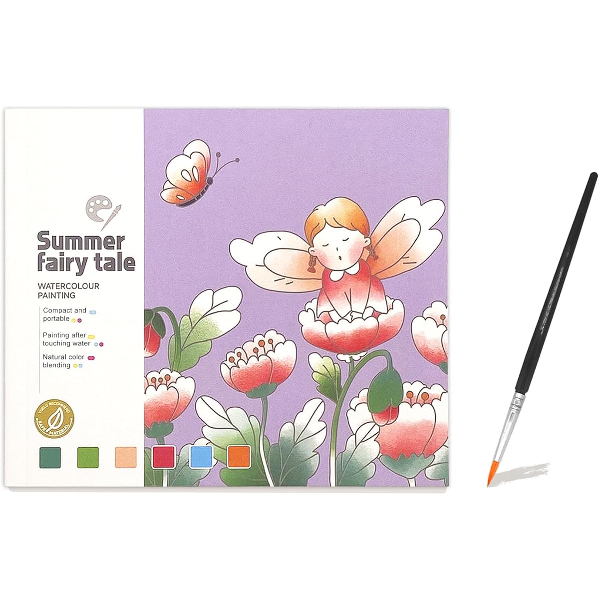 Watercolor Painting Book for Kids and Toddlers 5.9 x 5.1 Inch Portable Cartoon Watercolor Graffiti Paper Book with Paint Palette and Brushes Art Craft Drawing Gifts (Summer Fairy Tale)