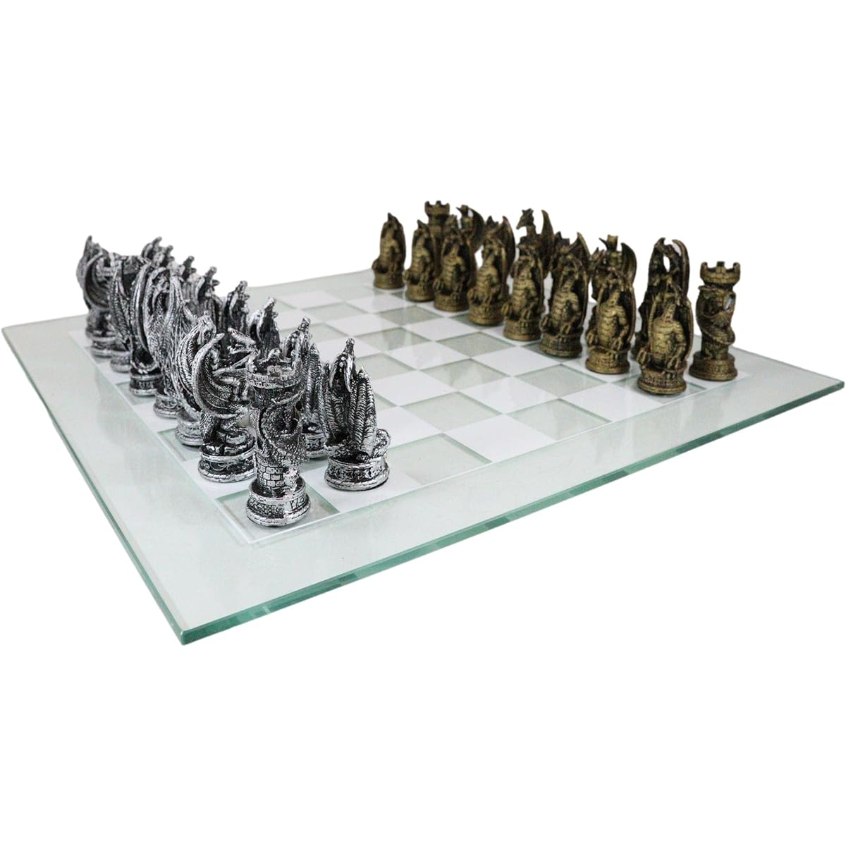Ebros Gift Silver & Gold Painted Magic Fantasy Dungeons & Dragons Felt Based Resin Chess Pieces 15" x 15" Chessmen Frosted Clear Glass Board Set Game Board Game Collection