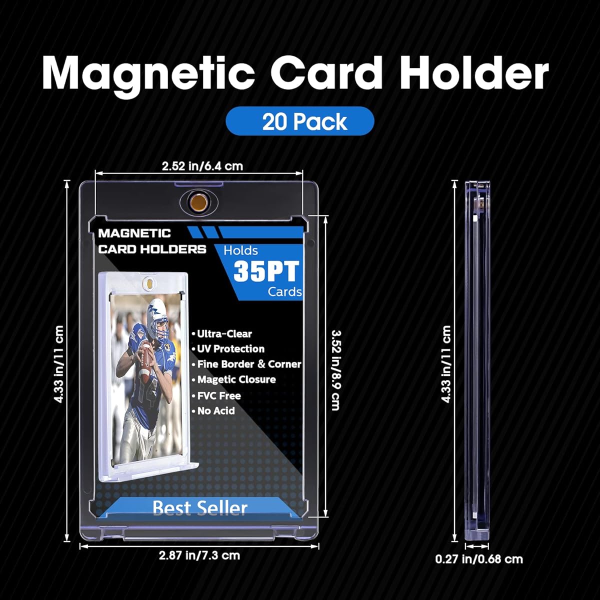 Magnetic Trading Card Case Baseball Card Holder 35 PT Hard Card Collection Case Acrylic Trading Card Protector for Game Baseball Football Sports Cards Storage and Display Gold (20 Pieces)