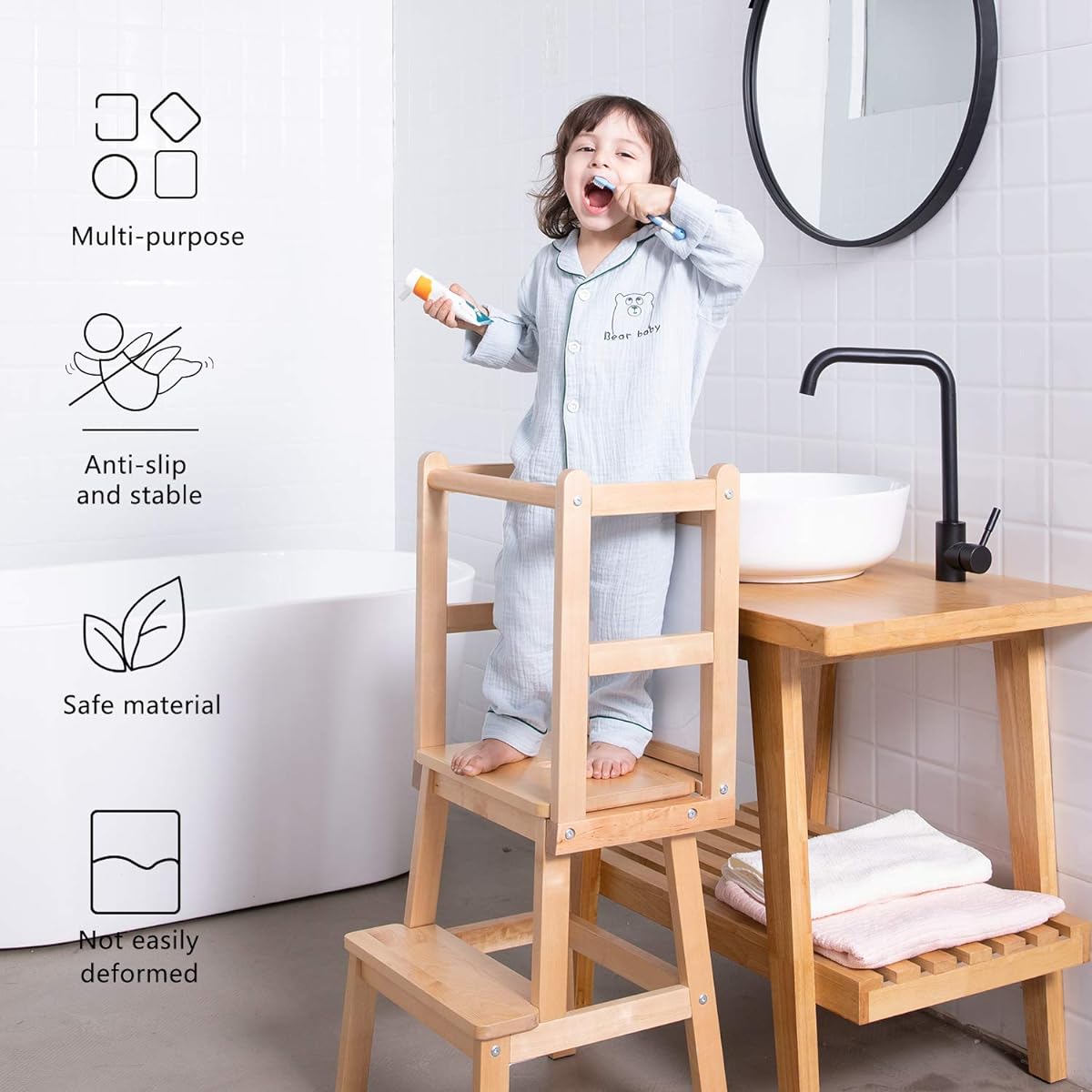 HOUCHICS Toddler Wooden Step Stool Solid Birch Wooden Children's Standing Tower Kitchen Tower Helper for Kitchen Bathroom