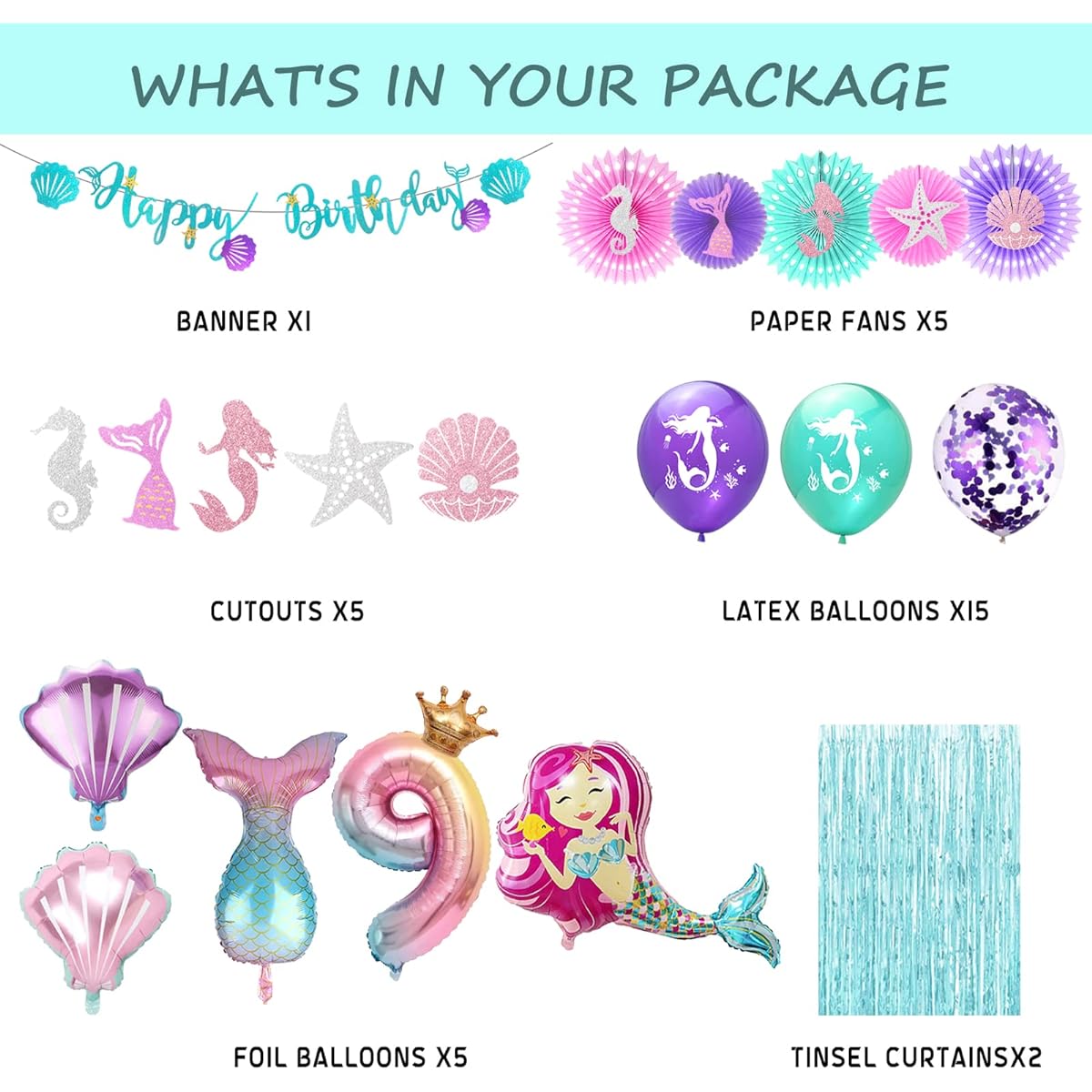 id Party Decorations for 9 Years Old, Mermaid Birthday Decorations, 9th Birthday, Mermaid Birthday Party Supplies, Number 9 Foil Balloon, Mermaid Tail Balloon, Mermaid Happy Birthday Banner, Fringe Curtains Under the Sea, Paper Fans, Cute Mermaid Cutouts
