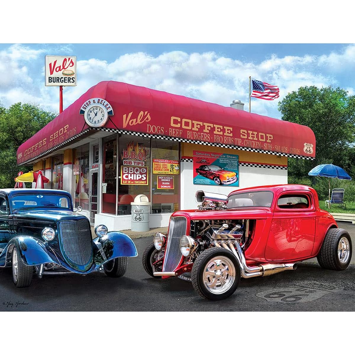 Bits and Pieces - 500 Piece Jigsaw Puzzle for Adults 18" x 24" - Val's Coffee Shop - 500 Piece Classic Americana Car Stop Restaurant Artist Greg Giordano