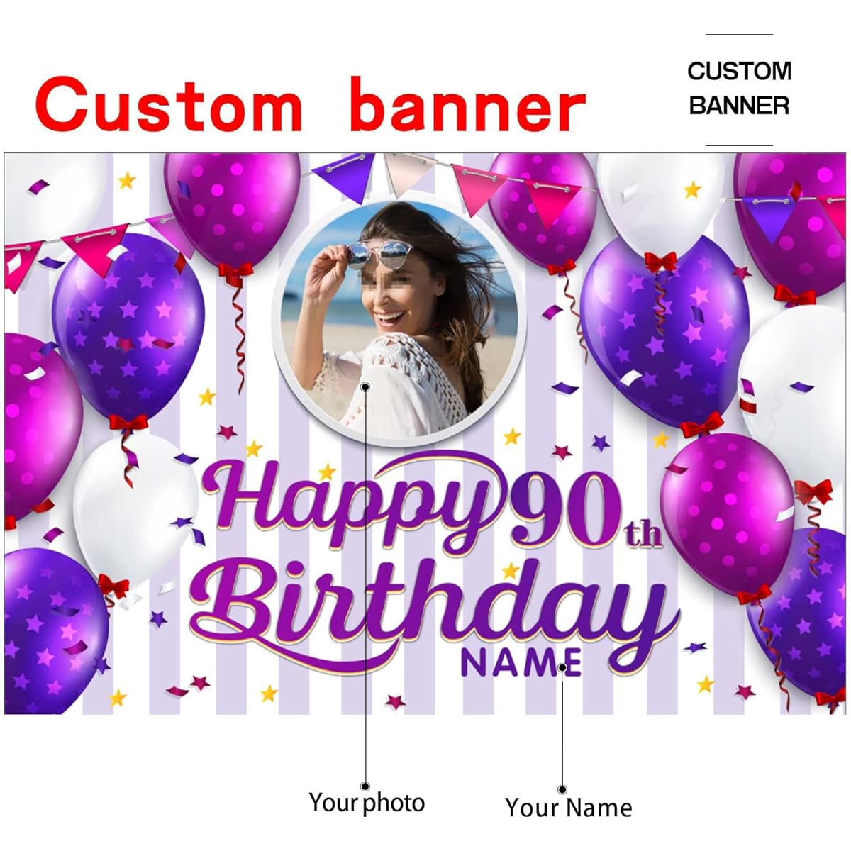 Happy 90th Birthday Decoration Banner - Customizable Purple Large Size - Custom Photo and Name