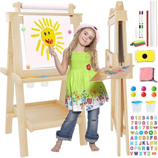 JUZBOT Kids Easel Deluxe Wooden Standing Kids Easel with 84 Paper & Accessories Foldable No Disassembly Magnetic Chalkboard & Whiteboard Kids Art Easel for Ages 3 4 5 6 7 8